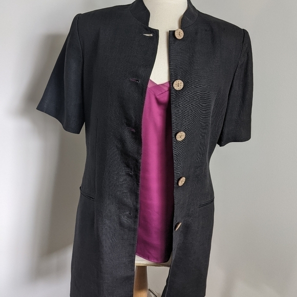 VINTAGE Black Linen Long Jacket wood buttons 8 - Picture 5 of 9